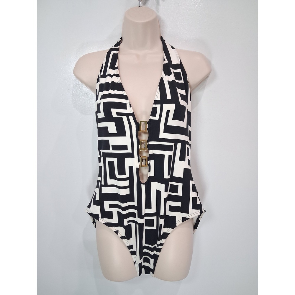 Geometric Greek Key Halter One Piece Swimsuit Black White Gold Buckle Size 14